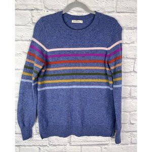 WOOLOVERS Women's Blue Stripe Lambswool Crew Neck Sweater Medium